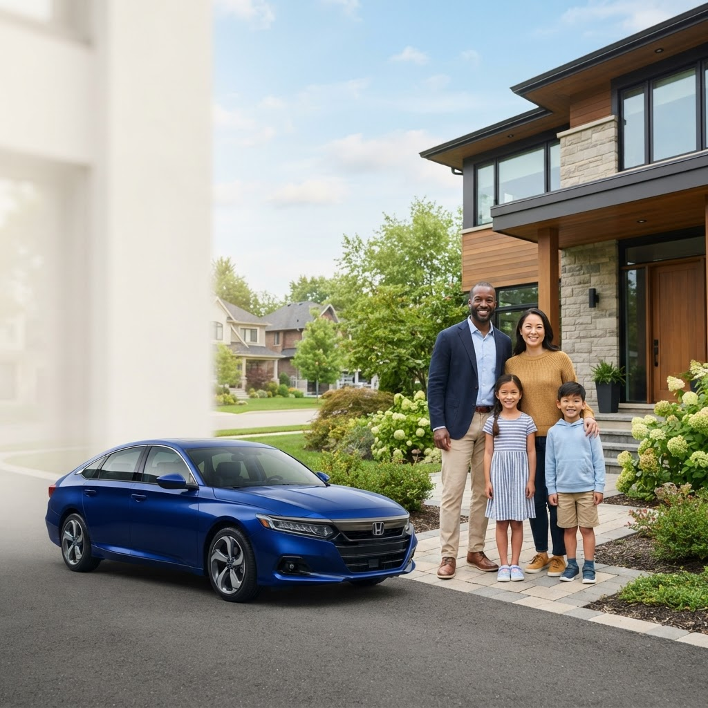 Family standing beside their home and vehicle